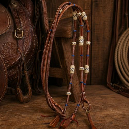 CHALLENGER USA Horse Western Tack Leather Rawhide Romal Reins 66RT36 - color: Tan Royal Blue