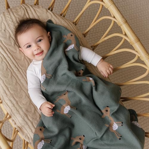 Soft Baby Swaddle Receiving Blanket - 100% Cotton Knit Soft Cozy Receiving Swaddling Quilt Blanket for Shower Gift Registry for Newborns, Infants, Toddlers (Deer - Sage) - color: 08 - Deer - Woodland Sage