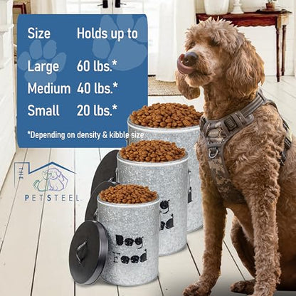 Medium 30lb Cat & Small 20lb Dog Pet Food Storage Canister with Scoop – Durable & Airtight for Freshnesss, Minimalist Design & Recyclable, Medium Metal Container(Combo - Small Dog Bin & Med Cat Bin) - size: Combo - Medium Cat 30lb & Small Dog 20lb