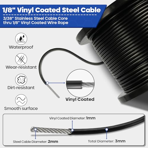TooTaci 1/8" Wire Rope Kit, 100FT Black Vinyl Coated Stainless Steel Cable - color: Black, size: 100FT-1/8 Black Vinyl Coated Cable