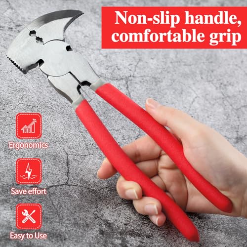 9.5 Inch Fencing Pliers - Multi-Purpose Fence Tool with Hammer Head, Wire Cutters, Wire Twisting, Nail Puller - style: 9.5" Fencing Pliers with Hammer End Red