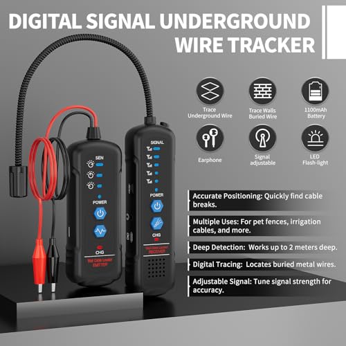 Underground Wire Locator & Cable Tracer - Detect Buried Wires, Power Cables, Telephone Lines, Dog Fence Wires up to 6.5ft Deep, with Adjustable Sensitivity, Headphones & Rechargeable Battery