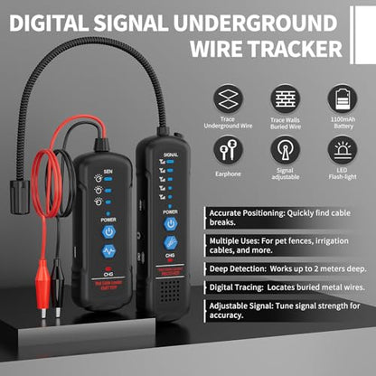 Underground Wire Locator & Cable Tracer - Detect Buried Wires, Power Cables, Telephone Lines, Dog Fence Wires up to 6.5ft Deep, with Adjustable Sensitivity, Headphones & Rechargeable Battery