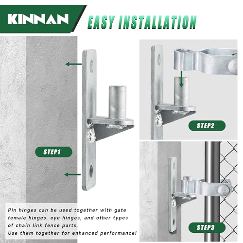 KINNAN 4 Pack Wall Mount Gate Hinges, Heavy Duty Gate Hinge for Farm Gate, Flat Back Farm Gate Hinge with 5/8" Pin, Chain Link Fence Parts, Galvanized Steel (Screws Not Included)