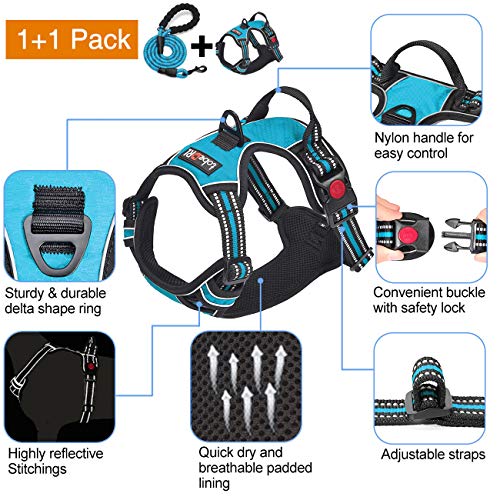 tobeDRI No Pull Dog Harness Adjustable Reflective Oxford Easy Control Medium Large Dog Harness with A Free Heavy Duty 5ft Dog Leash, Blue, XL - color: Blue, size: X-Large