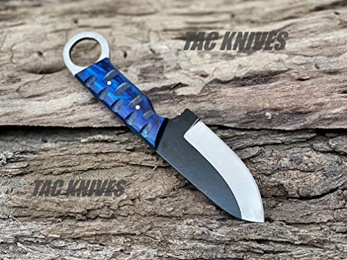 TAC KNIVES 7'' Full Tang Fixed Blade Outdoor Camping Hunting Knife In Sheath Gift For Him | 1095 High Carbon Steel Knife | SKINNER Gift | Cowboy knives | Pancake leather sheath (BLUE) - color: BLUE