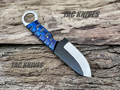 TAC KNIVES 7'' Full Tang Fixed Blade Outdoor Camping Hunting Knife In Sheath Gift For Him | 1095 High Carbon Steel Knife | SKINNER Gift | Cowboy knives | Pancake leather sheath (BLUE) - color: BLUE