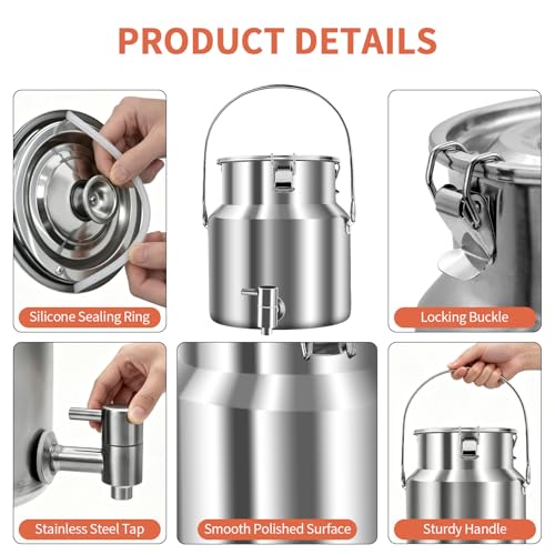 304 Stainless Steel Water Dispenser with Faucet, Thickened Milk Can with Handle, Sealing Ring and Instruction Manual, 5L Stainless Steel Water Jug for Milk, Water, Tea, Juice and Beverage Storage - size: 5L