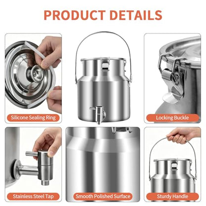 304 Stainless Steel Water Dispenser with Faucet, Thickened Milk Can with Handle, Sealing Ring and Instruction Manual, 5L Stainless Steel Water Jug for Milk, Water, Tea, Juice and Beverage Storage - size: 5L