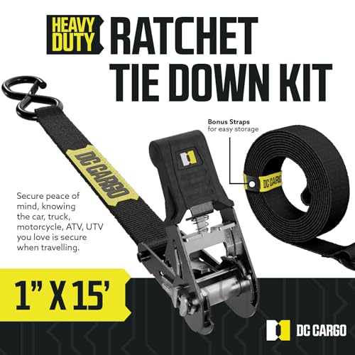 DC Cargo Mall Ratchet Straps Tie Downs 4 Pack (1,800 LB Break Strength) 1" x 15 Feet Tie Down Straps with Safety Lock S Hooks for Cargo, Trucks, Appliances, Moving. - size: 1" x 15'