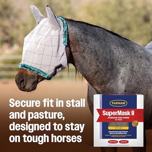 Farnam SuperMask II Horse Fly Mask with Ears, Extended Coverage Equine Fly Protection, Protects Eyes from Insects, Debris & UV, Adjustable Throat Latch, Plush Fleece Trim, Average Size (Pack of 2) - size: Standard Horse (Pack of 2)