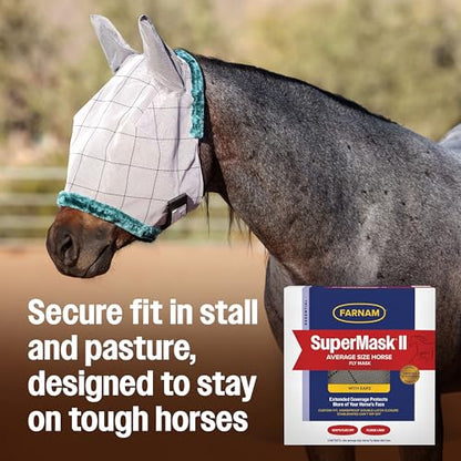 Farnam SuperMask II Horse Fly Mask with Ears, Extended Coverage Equine Fly Protection, Protects Eyes from Insects, Debris & UV, Adjustable Throat Latch, Plush Fleece Trim, Average Size (Pack of 2) - size: Standard Horse (Pack of 2)