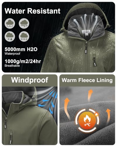 Outdoor Ventures Men's Softshell Jacket Waterproof Fleece Rain Shell Coat - color: Olive Green, size: Large