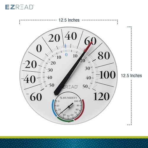 EZREAD Hanging Dial Thermometer 840-1212 Weather Thermometers for Indoor and Outdoor Use, Large 12.5 Inch Diameter, Easy to Read Numbers, Basic White Dial/Hygrometer - color: White