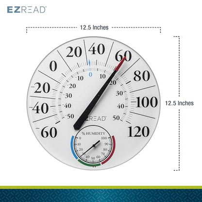 EZREAD Hanging Dial Thermometer 840-1212 Weather Thermometers for Indoor and Outdoor Use, Large 12.5 Inch Diameter, Easy to Read Numbers, Basic White Dial/Hygrometer - color: White