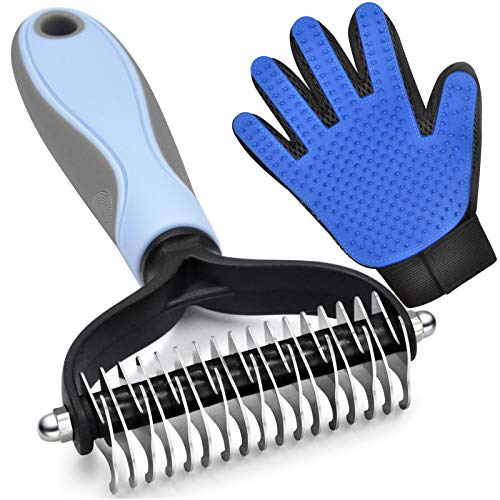 GOESWELL Double-Sided Undercoat Rake for Pet Grooming - Shedding and Dematting Comb with Grooming Glove (Blue 2 Pack) - color: Blue(2 Pack)