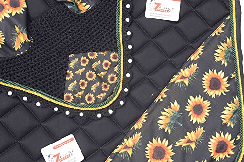 Sunflower Print Saddle Pad Set + Matching Ear Bonnet – Equestrian Riding Gear – Horse Show Accessories Dressage, Hunter/Jumper - size: COB