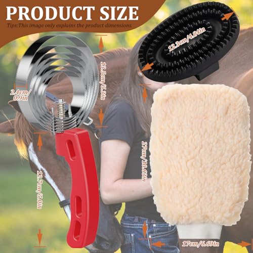 Curry Comb Kit, 6 Ring Curry Comb & Rubber Brush & Horse Grooming Mitts - color: Curry Comb Kit(3 Pcs)