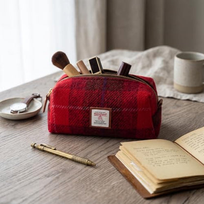 TAILORMAP Harris Tweed Wool Cosmetic Bag, Large Capacity Scottish Tartan Handmade Makeup Organizer, Stain-Resistant Travel Toiletry Pouch for Women (Red) - color: Red