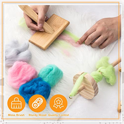 Rtteri 2 Pcs Wooden Drop Spindle and Wool Carder Set Hand Carders Spinning Slicker Wool Brush Needle Felting Tools for Yarn Weaving Blending Roving Craft Project Kit Supplies Pet Grooming