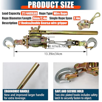 Zipline Tensioning Kit, Come Along Winch 4400lbs with Cable Grip Steel Wire Puller Tools& 2 Hooks, Portable Steel Cable Puller for 3/16" to 1/2" Cable, Cable Winch Puller - color: 2 Ton