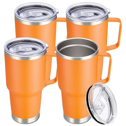 30 oz Stainless Steel Tumblers Bulk with Handle and Lid, 4 Pack - color: Orange