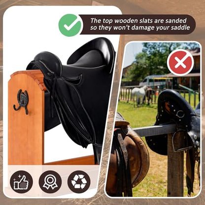 Pine Wood Saddle Rack 30" x 25.6" x 12" Horse Saddle Rack Stand for Western Saddles and Horse Tack Organizers Heavy Duty Tack Storage Accessories with 2 Hooks(Regular,Walnut)