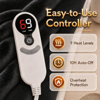 Heated Blanket Electric Blanket Full Size 72''x84'' with 9 Heating Levels, 1-10 Hour Auto Shut Off, Machine Washable, Flannel & Sherpa Soft Warming Blanket for Couch, Bed, Office - Black - color: 03-black, size: 72''x84''(Full)