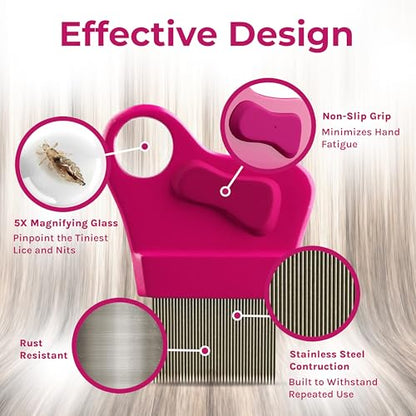 Lice Essentials Stainless Steel Lice & Nit Comb with 5X Magnifier | Grooved teeth for effective nit removal. Includes magnifying glass. 1 pack.