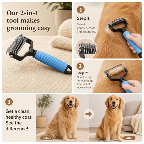 2PCS Pet Grooming Combo - Blue Deshedding Brush with Metal Comb for Detangling and Dematting Long, Matted Fur on Cats and Dogs (2PCS-A) - color: 2PCS-A