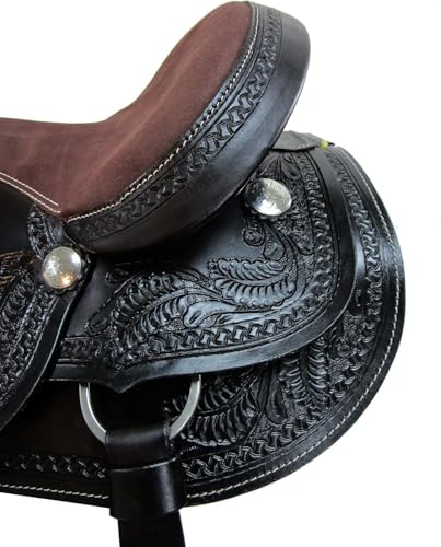 ADB CREATIONS Western Leather Horse Saddle Hand Tooled Floral Design, Premium Brown Leather, Comfortable Deep Seat 10"-18", Durable Trail & Ranch Riding Saddle with Accessories, Strong Tree - size: 15" Inch