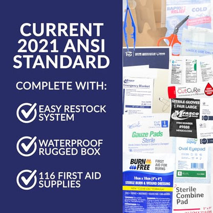 MFASCO Worksite First Aid Kit OSHA ANSI Class A Rugged Waterproof Case - color: Red