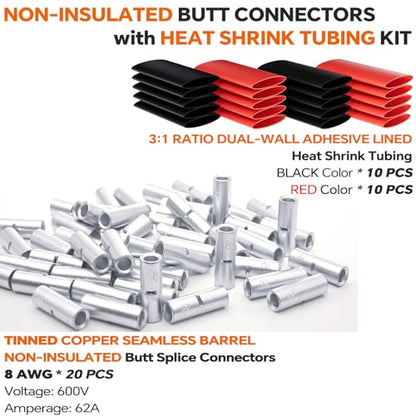 SVAAR 20PCS 8 Gauge Non-Insulated Butt Connectors 8 AWG Uninsulated Butt Splices Tinned Copper Marine Grade Seamless Barrel Crimp Butt Splice Wire Connectors & 20PCS 3:1 Adhesive Lined Heat Shrinks - size: 8 AWG