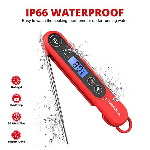 Meat Thermometer for Cooking, Instant Read Food Thermometer with Backlight Waterproof, Kitchen Digital Candy Thermometer for Grill BBQ Baking Water Milk Smoker Oil Deep Fry Liquids Turkey - color: Bright Red