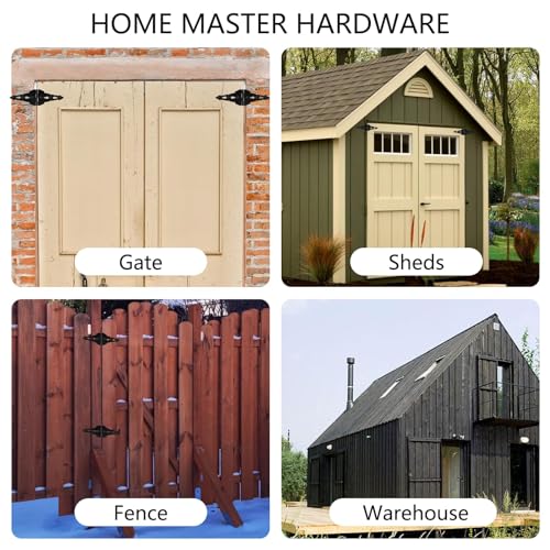 HOME MASTER HARDWARE 8" Heavy Duty Gate Hinges, 6 Pack Strap Hinges, Black | Decorative Door Hinges for Wooden Fences, Barn and Shef, Rotate 270 Degrees, 50LBS Capacity, Included Screws, Steel