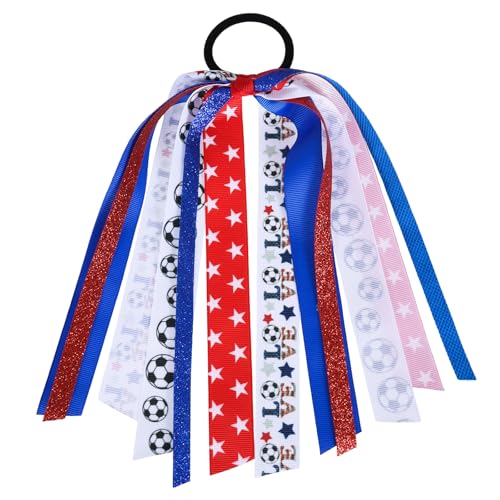 Girls Soccer Ponytail Cheer Bow with Streamers Glitter Red White Blue Sports Hair Ribbons Elastic Hair Tie Bands Soccer Team Game Day Accessories Gift for Cheerleader Moms Player Women - color: Soccer-U