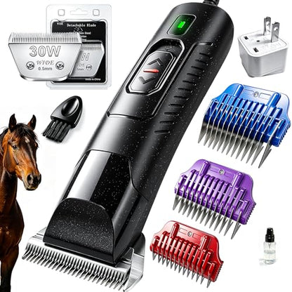 Professional Horse Clippers with Detachable Wide Blade | Low Noise, Heavy Duty, Grooming Kit for Thick Coat Long Hair, For Livestock Dogs Cats