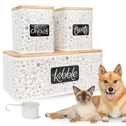 A&N Essentials 3-Piece Pet Food Storage Container Set – Airtight Galvanized Steel with Bamboo Lids – Holds Up to 6 lbs Kibble & 6 Cups Treats for Dogs & Cats