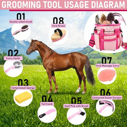 Cunhill 9 Pcs Horse Grooming Kit Tack Room Supplies, Classic, Pink - color: Pink, style: Classic