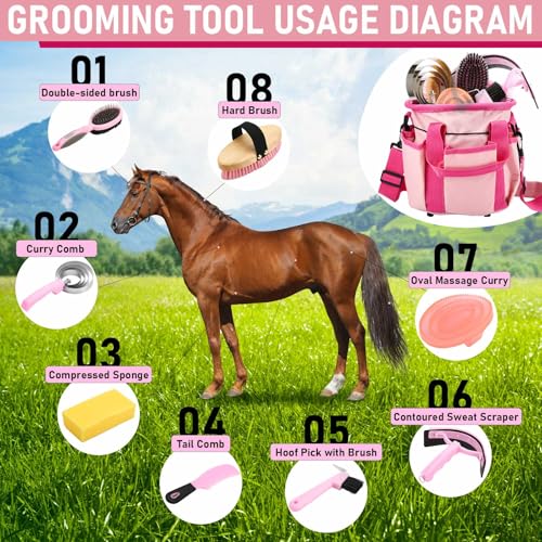 Cunhill 9 Pcs Horse Grooming Kit Tack Room Supplies, Classic, Pink - color: Pink, style: Classic
