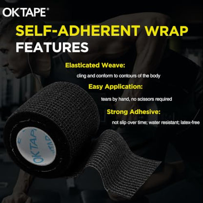 OK TAPE 12 Rolls Self Adhesive Bandage Wrap, Cohesive Elastic Athletic Tape - color: Black, size: 2 Inch