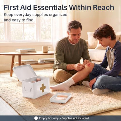 Flexzion Large Metal First Aid Box Empty, 8.5-Inch, White with Gold Cross - color: White - Gold Cross, size: 8.5 Inch without Latch Lock