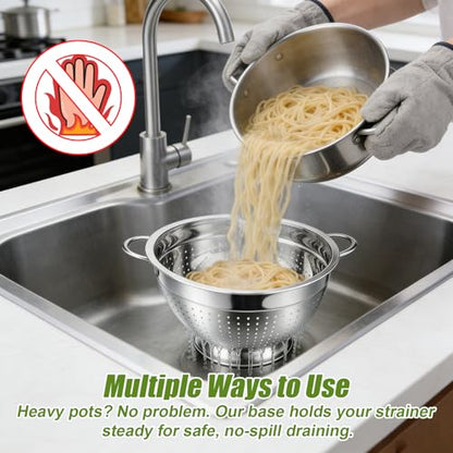 Palksky Stainless Steel Colander Set with Handles & Self-Draining Base, 3 Sizes (7”, 9”, 11”), Heavy Duty Pasta Strainer, Rice & Vegetable Strainer, Countertop Draining System - color: 3 Sizes Colander Set with Handles & Self-Draining Base