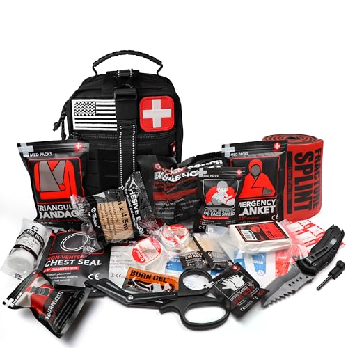 Survival First Aid Kit with Israeli Bandage, Chest Seal, Tourniquet, Splint, Tactical Military Combat Molle IFAK for Wound Care, Bleeding Control, Trauma Hemorrhage and More (Black)