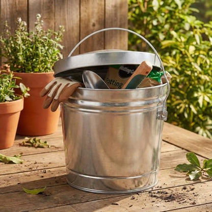 Galvanized Steel Locking Lid Trash Can - 6-Gallon Rodent-Proof Outdoor Storage Bin with Weather-Resistant Lid, Pet Food, Bird Seed, Charcoal Storage, Heavy Duty Metal Can