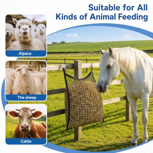 3 Pcs Slow Feed Hay Net for Horses, 35 x 31 Inch Large Capacity Slow Feed Hay Bag Feeder with 6 Hooks Durable for Horses Goats Sheep Donkey Trailer Full Day Feeding, Easy to Fill and Hang