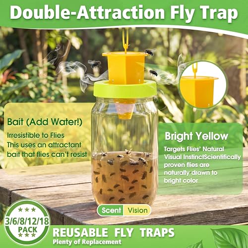 8 Pack Fly Traps Outdoor, Reusable Fly Catcher Bottles with Bait Hanging Flies Traps with Non-Toxic Dissolvable Bait Refills for Flying Insect Drain Patio Garden Yard Barn Outdoor