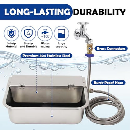 Automatic Dog Water Dispenser 2.5 Gal, 304 Stainless Steel Auto Pet Waterer Bowl with Drainage System + 6.56ft Hose + Float Valve, for Goat Chicken Horse Livestock, 3/4'' GHT Connector Included