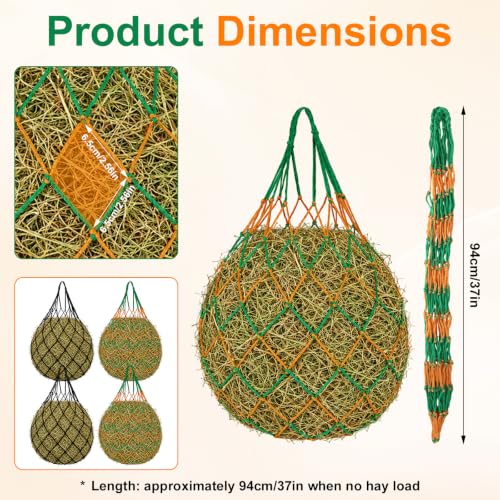 Penitue 4pcs Large Capacity Hay Nets, 94cm/37in Long with 6.5cm/2.56in Holes Durable Hanging Slow Feed Mesh Hay Bag for Horses Sheep Stable, Trailer & Pasture (2 Colors)
