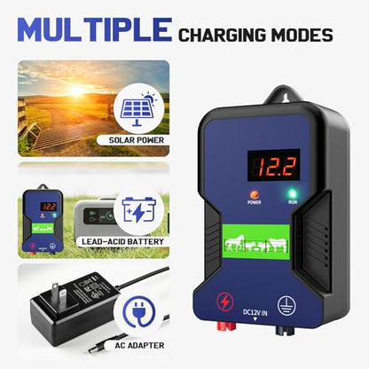 Electric Fence Charger,9.32 Miles/15 Km,12KV Output Voltage 2J Energy Output,AC DC Electric Fence Energizer with LED Display for Preventing Wild Animals Intruding Great for Gardens,Poultry and Pets